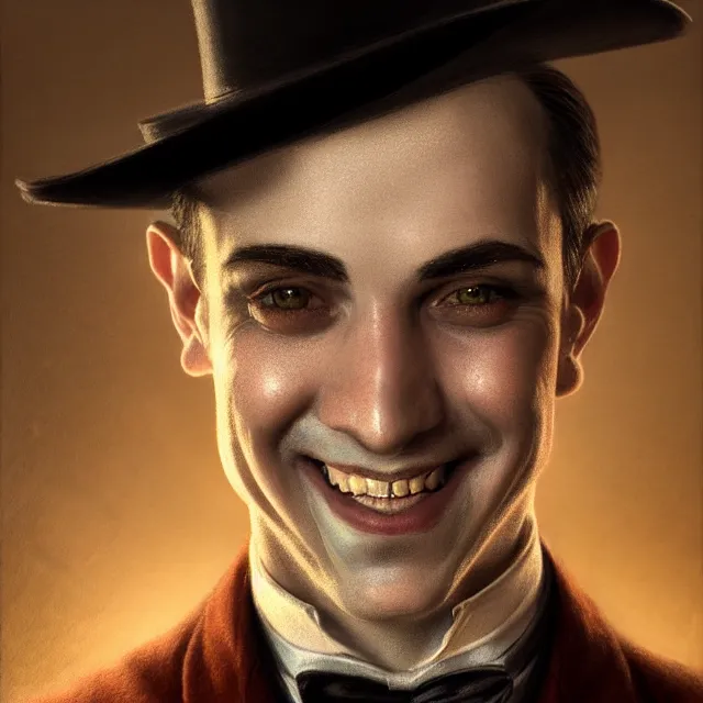 Prompt: portrait of a 1 9 2 5 magician, clean shaven, smiling, atmospheric lighting, intricate, ultra detailed, well composed, best on artstation, cgsociety, epic, stunning, gorgeous, intricate detail, wow, masterpiece