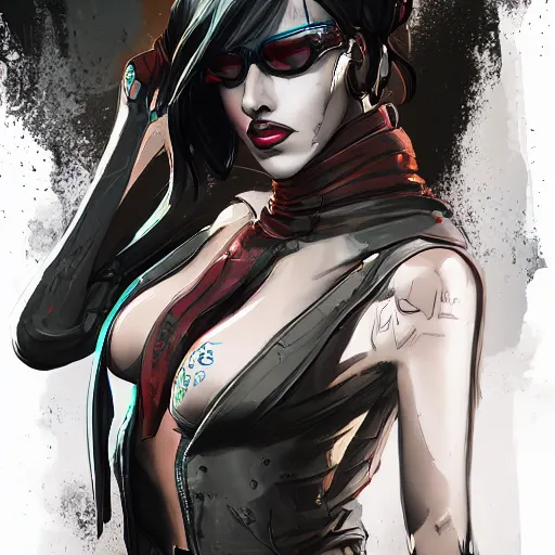 Image similar to concept art character, very high angle view, book cover, very attractive woman with full lips, slender figure, , walking in cyberpunk valley highly detailed full body, royalty, smooth, sharp focus, organic, appealing, book cover, deep shadows, borderlands 3 style, extremely fine inking lines