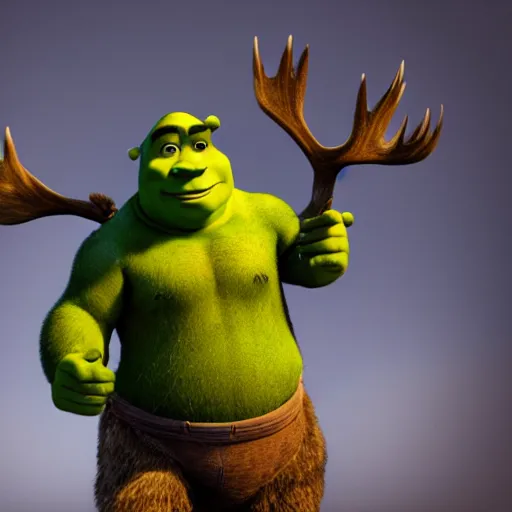 Image similar to shrek riding a moose in a dark forest, smoky, foggy, 8k, octane render,