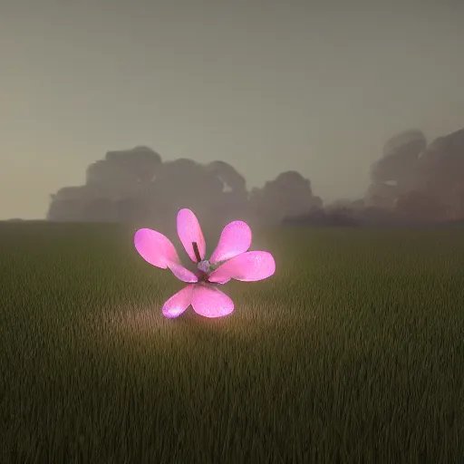 Image similar to Luminescent flower blooming at twilight, cgsociety, r /art, trending on artstation, artstationHD, octane render, highly detailed, vray, volumetric lighting, unreal engine, cinema 4d