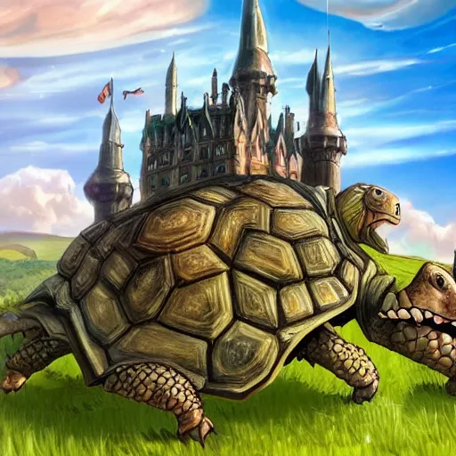 Prompt: large fantasy castle covering the top of a giant tortoise similar to howls moving castle and mortal engines, the tortoise moves accorss harsh wasteland with sharp rays of sunlight, distant - mid - shot, fantasy, hyper detailed, realistic