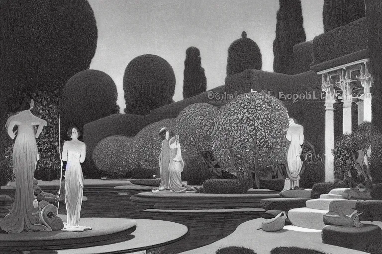 Prompt: beautiful garden at twilight by Maxfield Parrish and Nicholas Roerich and jean delville, glowing paper lanterns, strong dramatic cinematic lighting , ornate tiled architecture, lost civilizations, smooth, sharp focus, extremely detailed