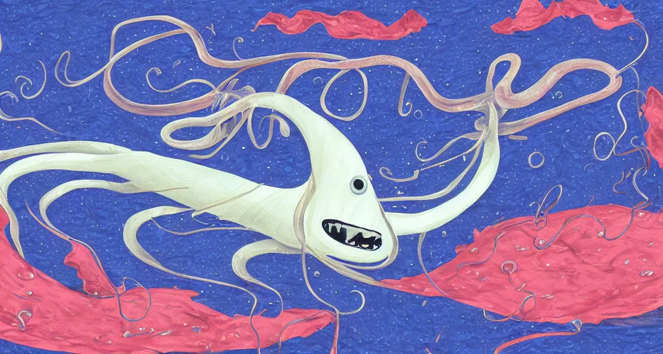 Prompt: Giant Squid wearing a top hat, swimming through the ocean, digital painting, Photoshop