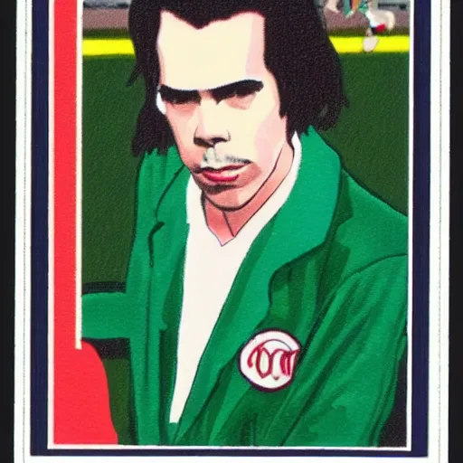 Prompt: portrait of singer nick cave, baseball card