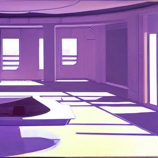 Image similar to painting of a syd mead scifi ancient civilzation empty room, purple sun