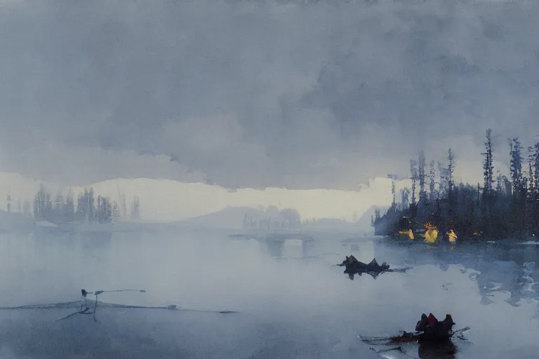 Image similar to watercolor painting of crystal clear ice lake, reflective, winter, fog and snowfall, ambient lighting, art by anders zorn and winslow homer, wonderful masterpiece by greg rutkowski, cinematic light, american romanticism by greg manchess, creation by tyler edlin