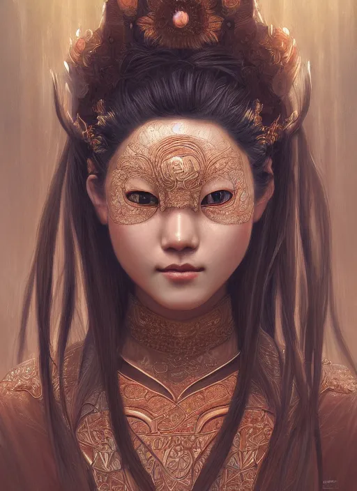 Image similar to a beautiful detailed oil on copper art illustration of a japanese namanari mask woman, centered, by charlie bowater, zeng fanzh, trending on artstation, dim dusk lighting, cinematic lighting, detailed lighting, volumetric lighting, realistic, f 8, 4 k hd wallpaper