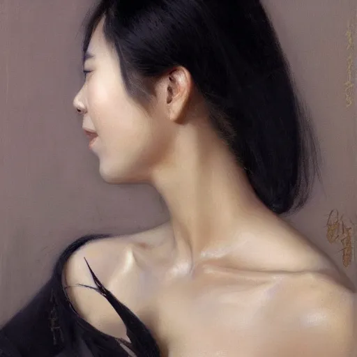 Image similar to detailed realistic cinematic wide shot of beautiful attractive hollow cheeks asian woman wearing black suit robe slim face symettrical face clean skin black eyes black robe smooth, sharp focus, ultra realistic, spring light, painting by gaston bussiere, craig mullins, j. c. leyendecker