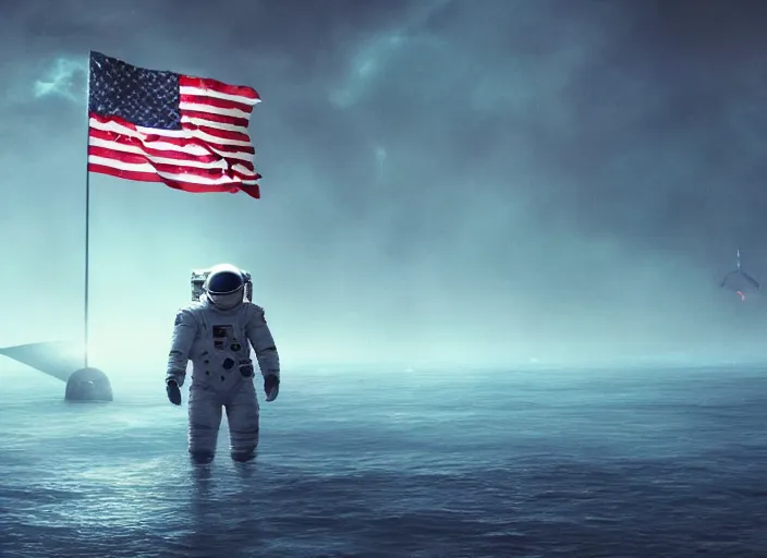 Image similar to astronaut holding a flag in an underwater desert. a submarine is visible in the distance. dark, concept art, cinematic, dramatic, atmospheric, 8 k, trending on artstation, blue, fish, low visibility, fog, ocean floor, christopher nolan, interstellar