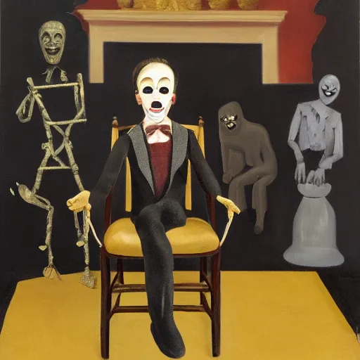 Image similar to oil painting of ventriloquist's dummy, sitting on chair with black leather seat, with gold comedy and tragedy masks on floor, black curtains in background, by neo rauch and paula rego