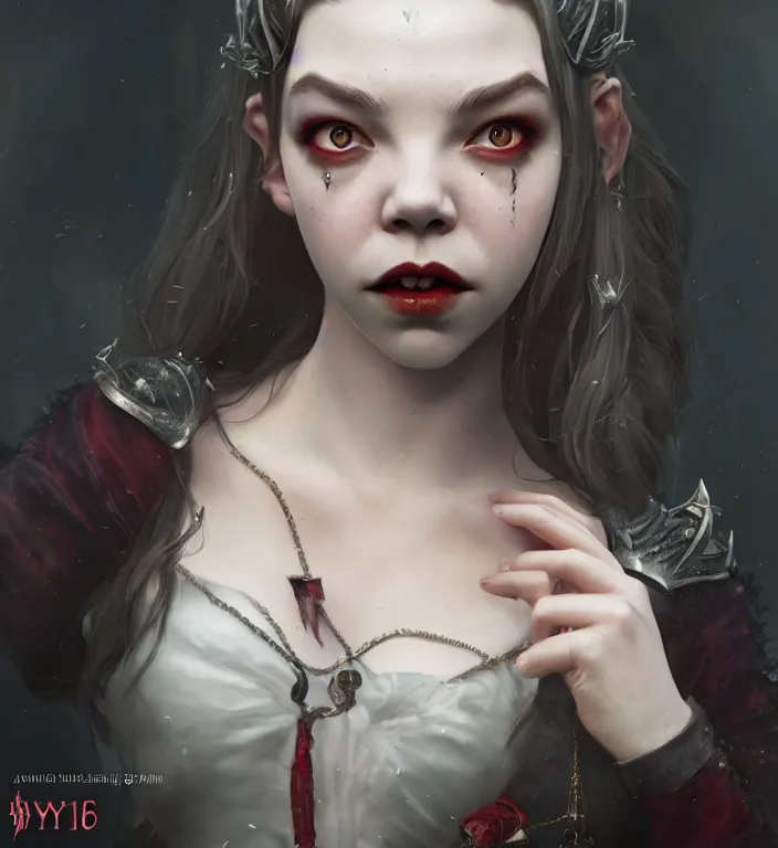 Image similar to anya taylor - joy vampire queen, hyper detailed, digital art, trending in artstation, cinematic lighting, studio quality, smooth render, unreal engine 5 rendered, octane rendered, art style by klimt and nixeu and ian sprigger and wlop and krenz cushart