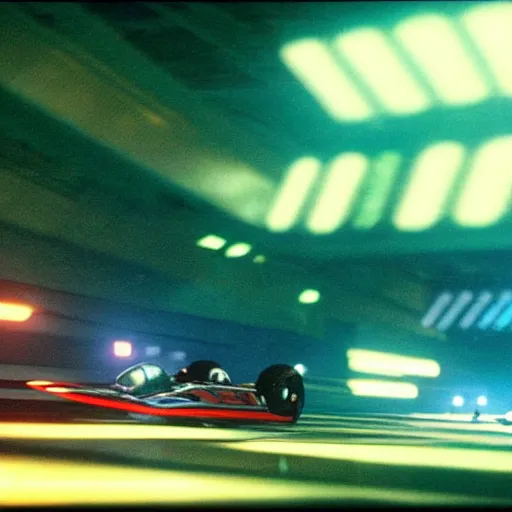 Prompt: still of an F-Zero race, with several hovercrafts racing at high speed, in the movie Blade Runner, cinematic lighting, 4k