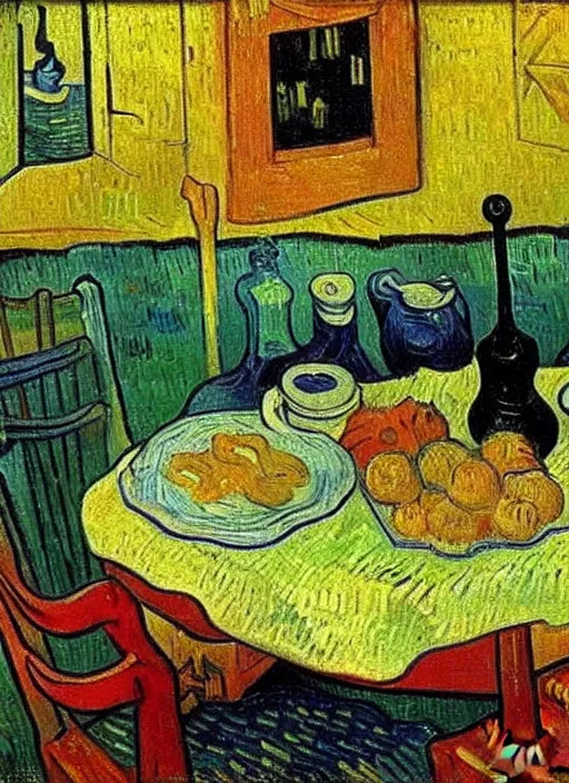 Image similar to good morning, van gogh painting breakfast on a canvas, painting by vincent van gogh, paul gauguin