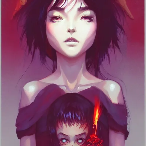 Image similar to A fire witch with big and cute eyes, fine-face, realistic shaded perfect face, fine details. realistic shaded lighting poster by Ilya Kuvshinov katsuhiro otomo ghost-in-the-shell, magali villeneuve, artgerm, Jeremy Lipkin and Michael Garmash, Rob Rey and Kentarõ Miura style, trending on art station