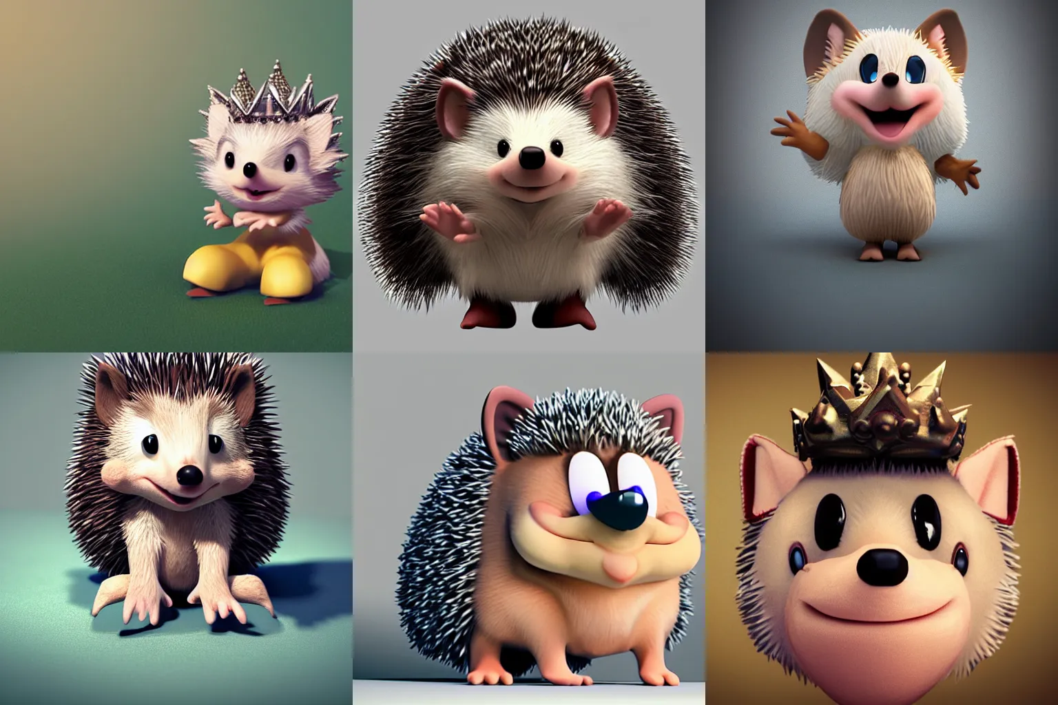 Prompt: cute cartoon hedgehog, king's crown, octane render, photorealistic, unreal engine, quixel megascans