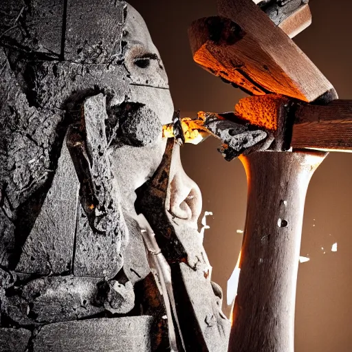 Image similar to studio photography of a wooden hammer smashing into a smashed ancient idol statue getting hammered into pieces, cracked, destroyed, dramatic lighting