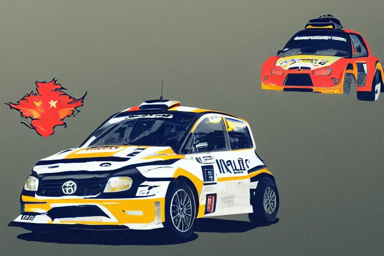 Prompt: a rally car in the style of rafael albuquerque