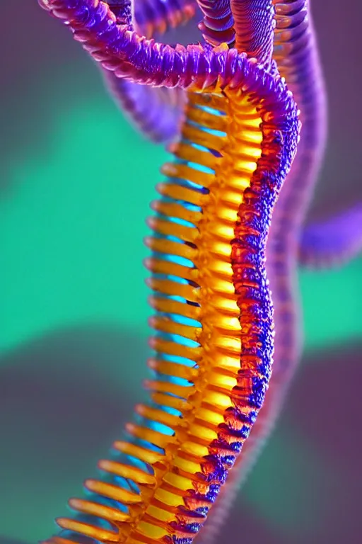 Prompt: high quality close-up photo translucent biomechanic centipede! gorgeous highly detailed hannah yata elson peter cinematic yellow and purple lighting high quality low angle hd 8k sharp shallow depth of field