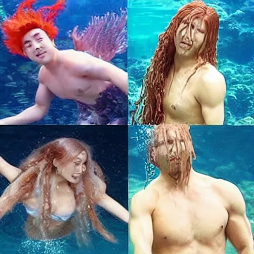 Prompt: triple h as mermaid, underwater scene, brushing his hair!!!