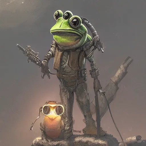 Prompt: Anthropomorphic frog who wears goggles and apocalyptic tech,greg rutkowski,and Sarah Andersen,ambient style, very detailed,detailed,detailed -4