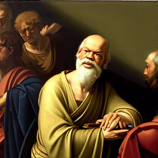 Image similar to socrates wearing a virtual reality headset, renaissance painting