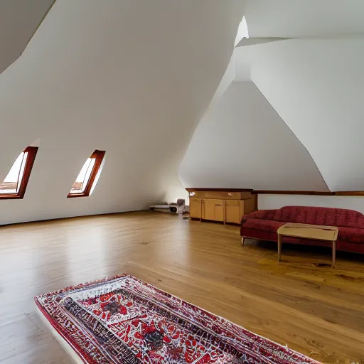 Prompt: 1.7 metre high attic, with matte white angled ceiling, with 2 windows opposing each other, with a large square window in the back right corner of the room, with exquisite turkish and persian rugs on the polished plywood floor, XF IQ4, 150MP, 50mm, F1.4, ISO 200, 1/160s, natural light