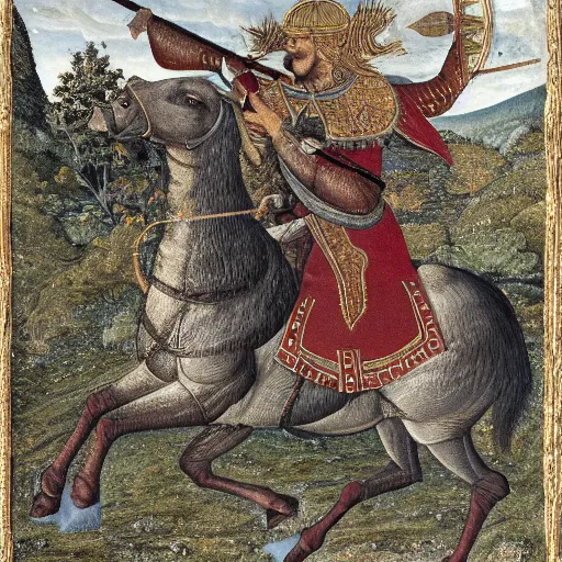 Image similar to painting of the swedish king riding a moose into battle holding a greatsword above his head, carlo crivelli