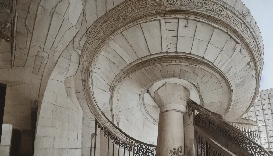 Prompt: a huge neoclassical brutalist spherical building with very high walls and spiral stairs, cinestill 8 0 0 t 3 5 mm, heavy grain, high quality, high detailed