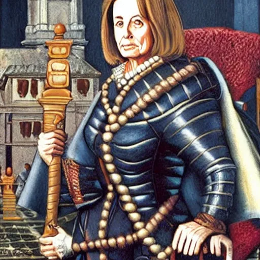 Prompt: nancy pelosi standing in front of 1 6 th century backdrop in the painting of vigo the carpathian. she ominously stares. painting by lou police for ghostbusters 2.