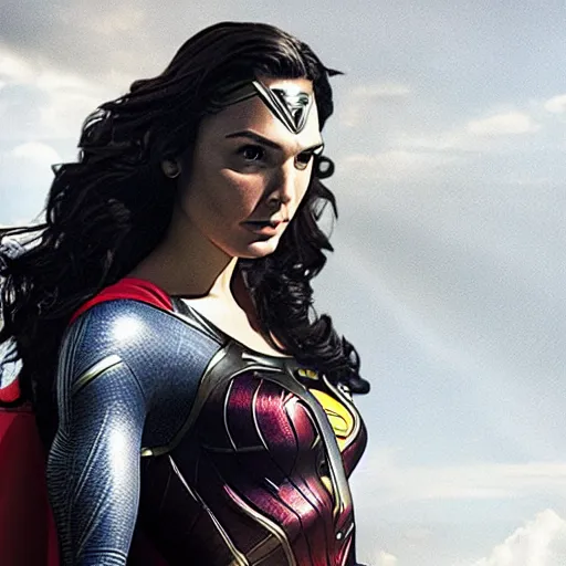 Image similar to an potrait of gal Gadot cast of movie man of steel and wearing a superman suit, photorealistic high detail, view from below, full shot body.