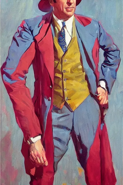 Prompt: saul goodman in colorful suit, painting by jc leyendecker!!, angular, brush strokes, painterly, vintage, crisp