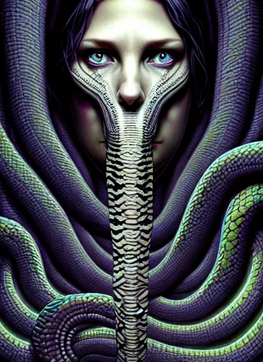 Prompt: lovecraft giger fractal snake portrait, pixar style, by tristan eaton stanley artgerm and tom bagshaw.