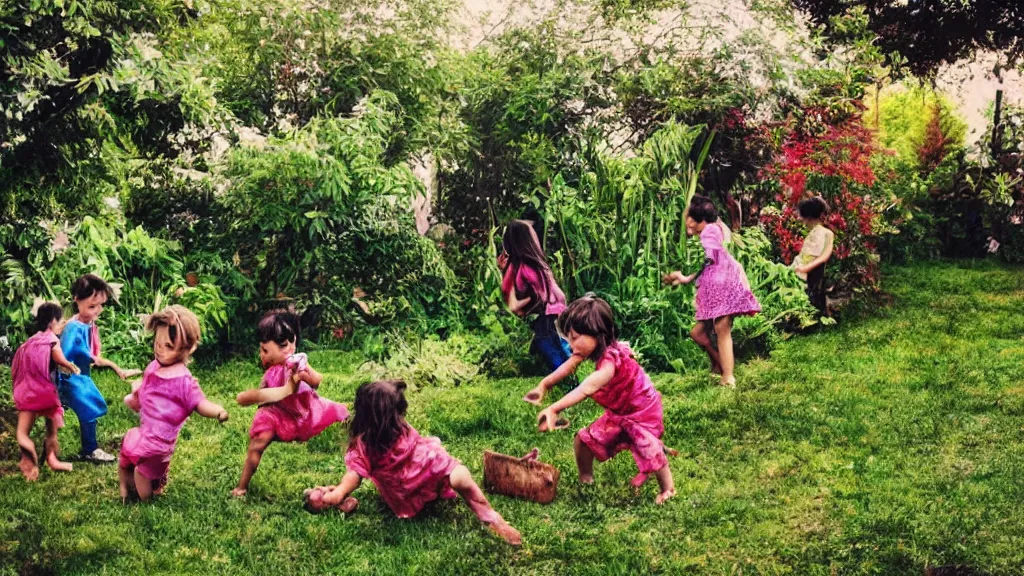 Prompt: a photo of children playing in the garden. Amaro filter.