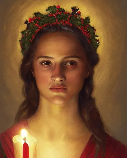 Prompt: a shadowy portrait painting of a shy 1 6 - year old alicia vikander as santa lucia at christmas wearing a holly wreath as a crown with candles, lit only by candlelight in the darkness, intricate, elegant, highly detailed, artstation, concept art, by krenz cushart and donato giancola and william adolph bouguereau and alphonse mucha