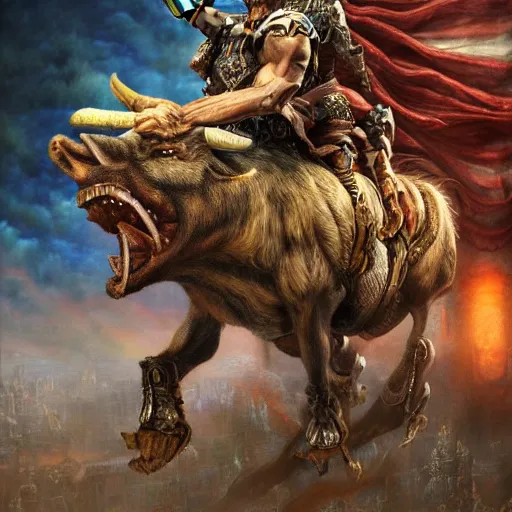 Image similar to hyperrealistic mixed media painting of Trump as a Warlord Riding a Boar, stunning 3d render inspired art by P. Craig Russell and Barry Windsor-Smith, 8k octane beautifully detailed render, post-processing, extremely hyperdetailed, intricate, epic composition, grim yet sparkling atmosphere, cinematic lighting + masterpiece, trending on artstation, very detailed, masterpiece, stunning