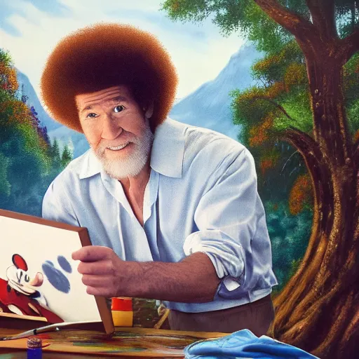 Image similar to a closeup photorealistic photograph of bob ross working on a canvas painting of mickey mouse. film still. brightly lit scene. mountains and trees. this 4 k hd image is trending on artstation, featured on behance, well - rendered, extra crisp, features intricate detail, epic composition and the style of unreal engine.