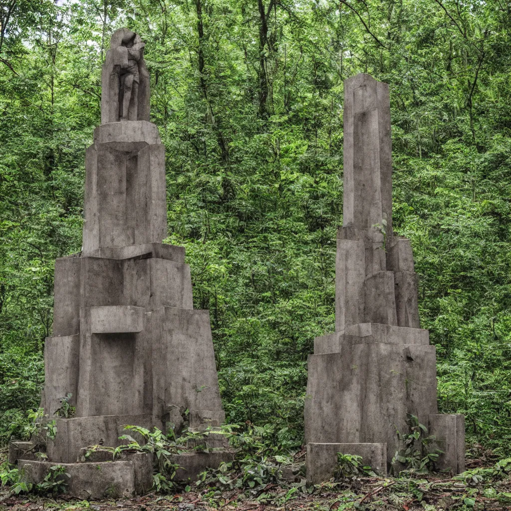 Prompt: Abandoned soviet monument in a rainforest, overcast, long shot, Sigma 100mm