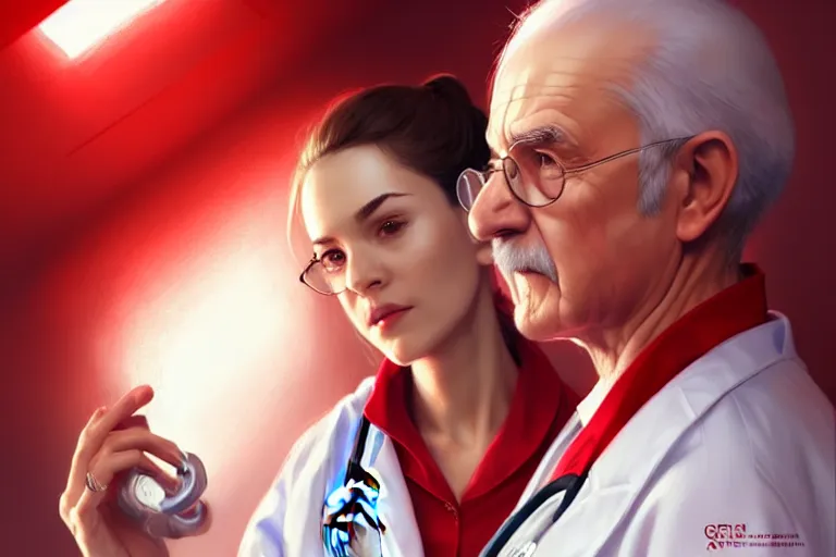 Prompt: a cute female doctor in a white coat, an old man with red t - shirt, cinematic, highly detailed, digital painting, artstation, concept art, matte, sharp focus, illustration, art by artgerm and greg rutkowski