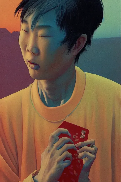 Prompt: a scifi closeup portrait of a young chinese man licking a blotter paper of LSD acid on his tongue and dreaming psychedelic hallucinations in cosmos, by kawase hasui, moebius, Edward Hopper and James Gilleard, Zdzislaw Beksinski, Steven Outram colorful flat surreal design, hd, 8k, artstation