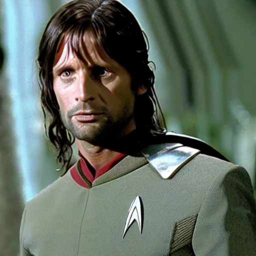 Prompt: A still of Aragorn as Scotty on Star Trek: The Original Series, red shirt, sharp focus, high quality, 4k