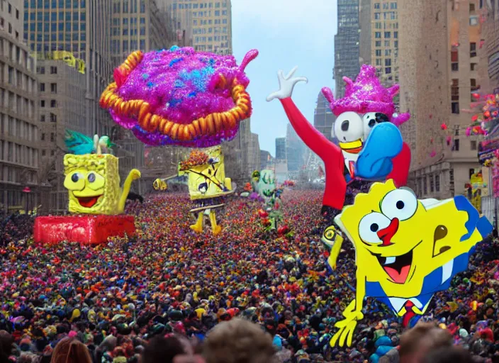 Prompt: spongebob float over the the macys parade by claude monet