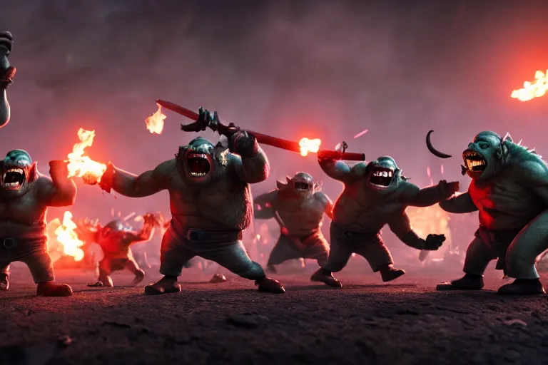 Prompt: diorama of group of minions fighting a group of orcs, setting is bliss wallpaper, realistic, 4 k, detailed, atmospheric, cinematic lighting, octane render, unreal engine render, ray tracing lighting