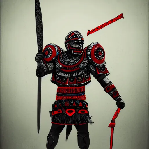 Image similar to aztec warrior in a ornated armor preparing for war, full body, dynamic pose, red and black neon, concept art, intricate details, highly professionally detailed, cgsociety, highly detailed -