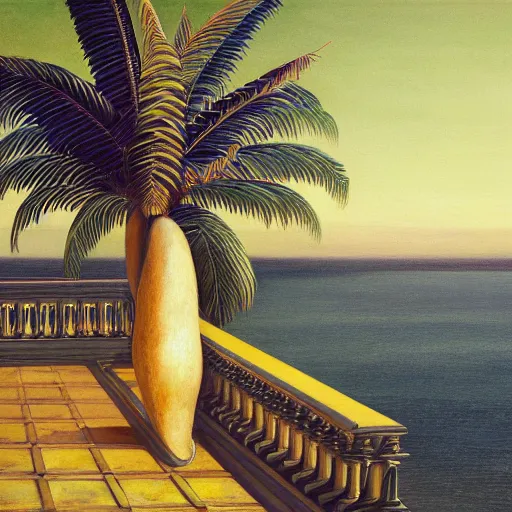 Prompt: a ultradetailed beautiful painting of the amazonas palace balustrade designed by edward robert hughes, tarsila do amaral, frank weston and gustave baumann, beach, trending on artstation, mediterranean, palm trees, detailed face, sharp focus, soft light, 8 k 4 k