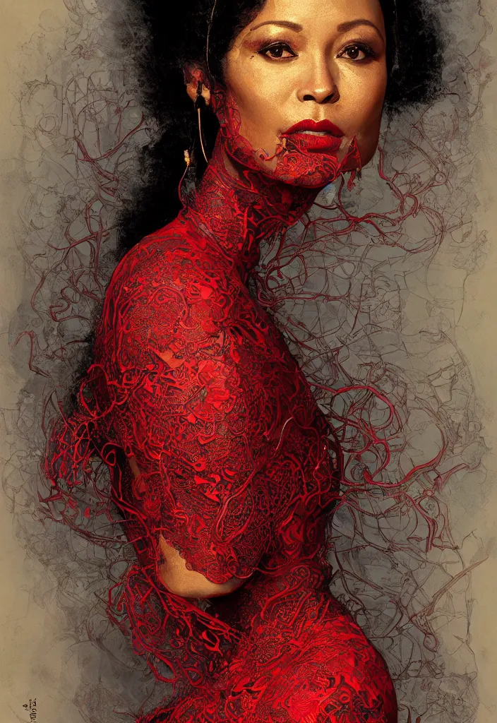 Prompt: symmetrical portrait of Thandiwe Newton, oriental art nouveau, red and black lace frock with golden trims, mid body, painting by Rembrandt, Józef Mehoffer, ultradetail face, art and illustration by tian zi and craig mullins and WLOP, fantasy, intricate complexity, human structure, human anatomy, fantasy character concept, hyperrealism 8k