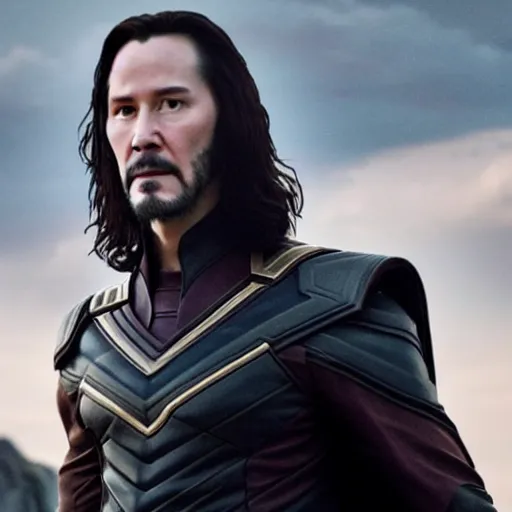 Image similar to film still of Keanu Reeves as Loki wearing the horned helmet in Avengers Endgame