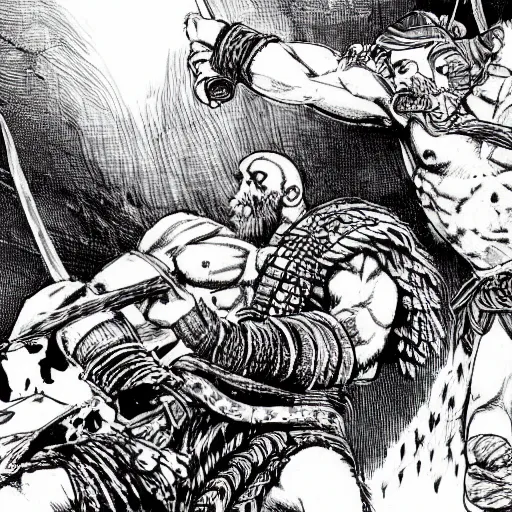 Image similar to god of war, kratos, fight scene still, manga, by kentaro miura