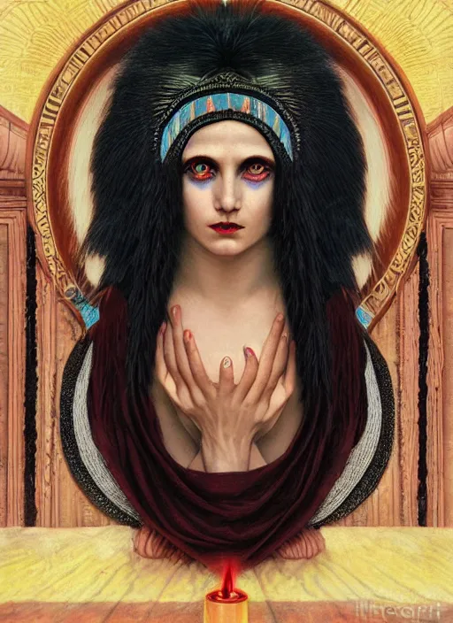 Image similar to acid tripping cult magic psychic woman, third eye, occult ritual, dark witch headdress, oil painting, robe, symmetrical face, greek dark myth, by John William Godward and Anna Dittman, masterpiece