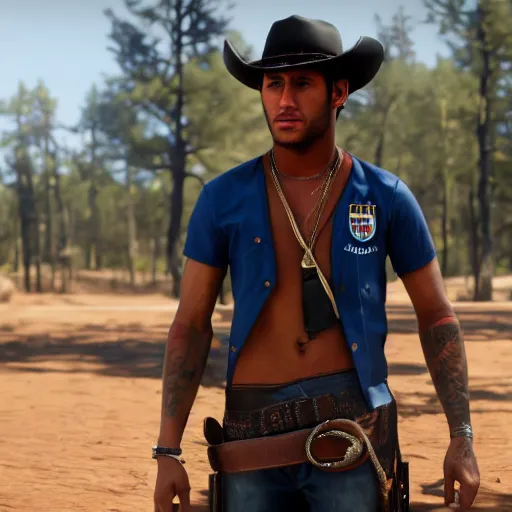 Image similar to Film still of Neymar, from Red Dead Redemption 2 (2018 video game), trending on artstation, artstationHD, artstationHQ