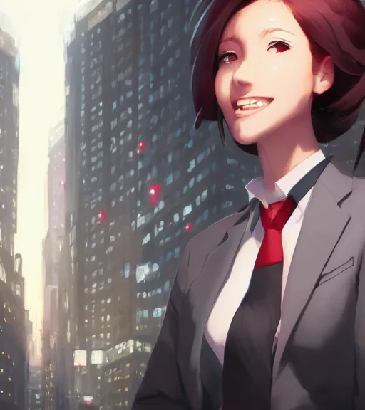 Image similar to a girl in a business, close up, sharp focus, red necktie, grey hair, smiling, city background, digital painting, by tran ross and jordan grimmer and greg rutkowski, anime art, artstation, hd, smooth,